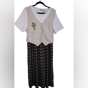 Vintage 90s Plus Bentley Floral Embroidery Vest Mock 2-Piece Dress Cottagecore